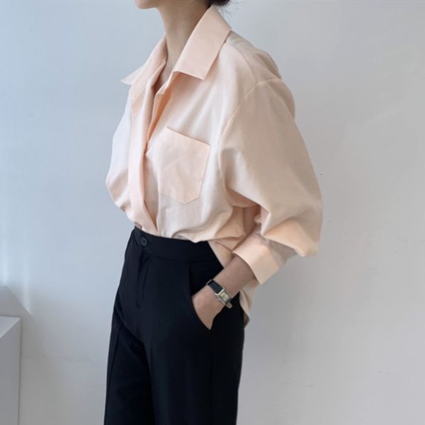 

font 2021 spring summer female blouse solid vintage korean shirt oversize irregular wild pink lady top, White