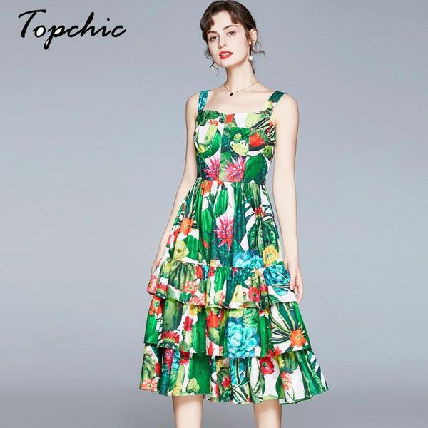

casual dresses summer runway designers elegant ruffles green floral printed midi for women 2021 vacation boho beach dress female, Black;gray