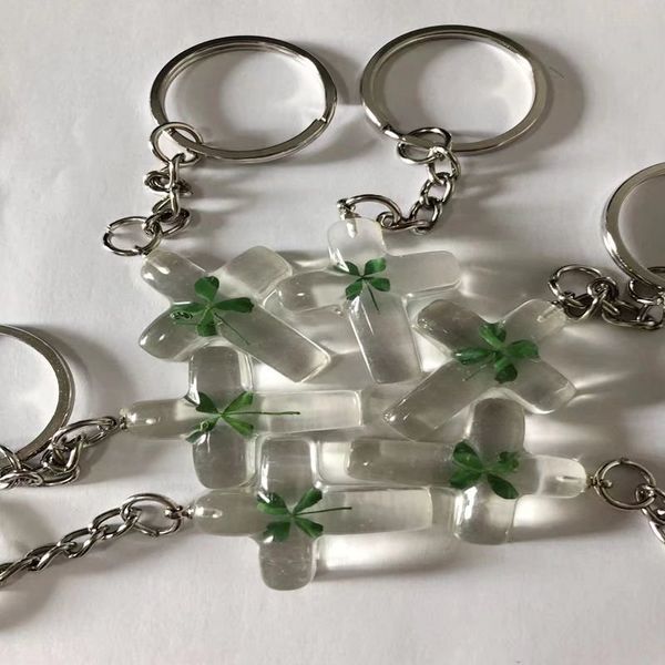 

15 pcs fashion cross design green real four leaf clover specimen key chains men women's car keychains keyrings, Slivery;golden
