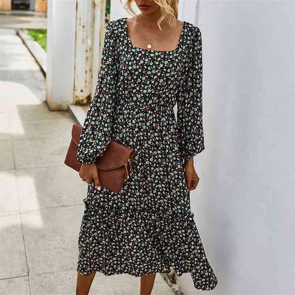 

ruffles vintage a-line print full midi dress women's retro square collar floral printed dress for women vestidos de fiesta 210508, Black;gray