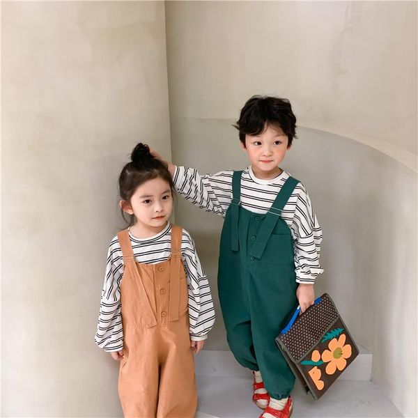 

jumpsuits 2021 baby kids solid color sling pants toddler cotton casual suspender trousers children sleeveless fashion pant, Blue
