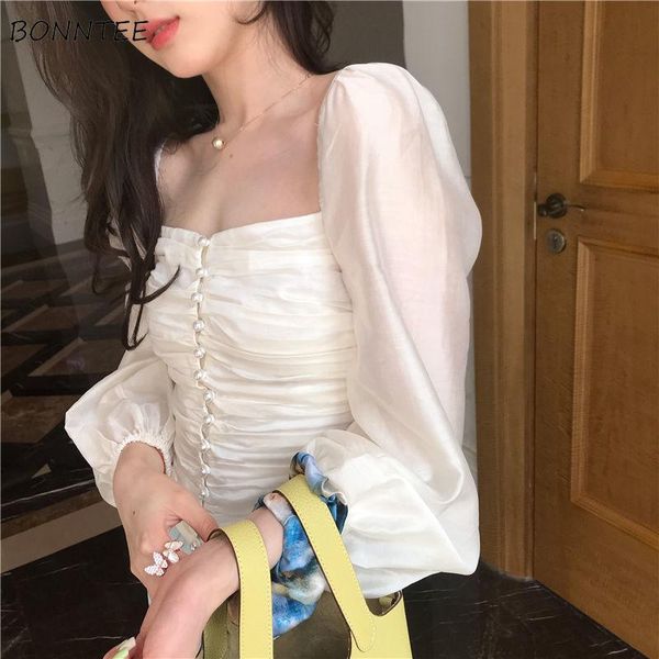 

women's blouses & shirts women fashion lady puff sleeve patchwork sweet ulzzang folds ins square collar summer thin all-match design ca, White