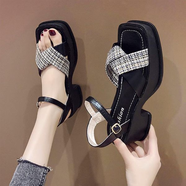 

all-match female sandal clear heels comfort shoes for women open toe espadrilles platform buckle strap girls block beige high pe dress, Black