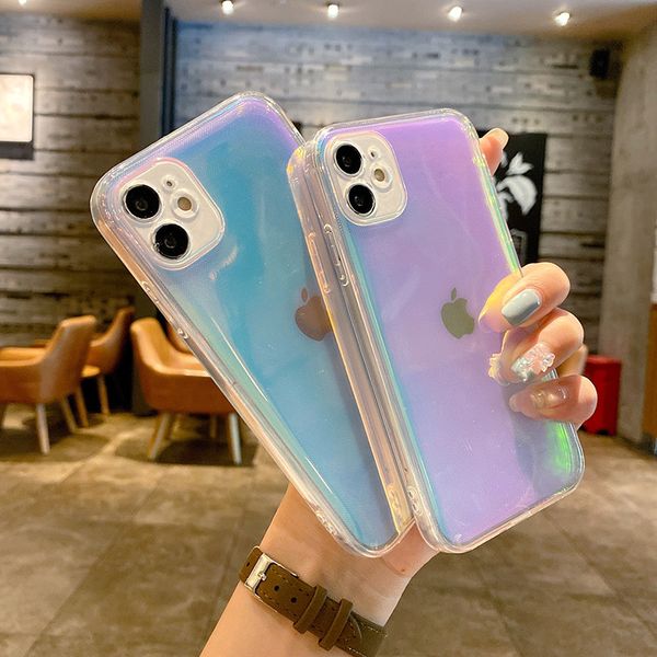 Carta a colori laser che cambia custodie per telefoni Bling Glitter Purple Light Straight Side Soft TPU Protezione colorata per fotocamera per iPhone 13 12 11 Pro Max XR XS X 8 Plus cover