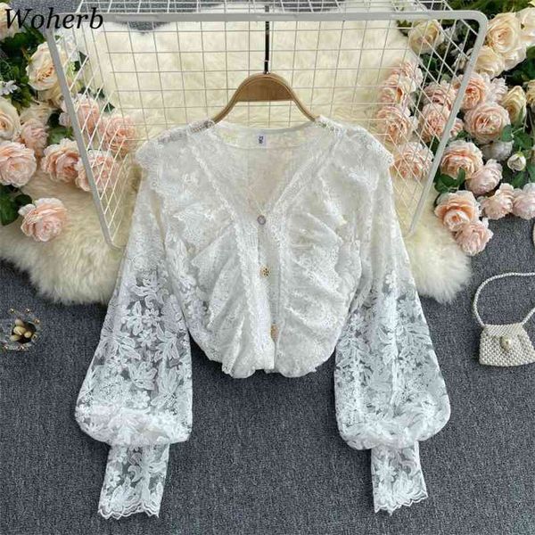 

women fashion retro court v neck long sleeve mesh lace flower sweet short shirt elegant solid blouse clothes 210519, White