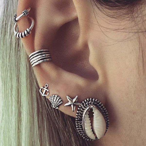 

fashion shell stud earrings set for women 7pcs/set tibetan silver color hook boho punk jewelry oorbellen, Golden;silver