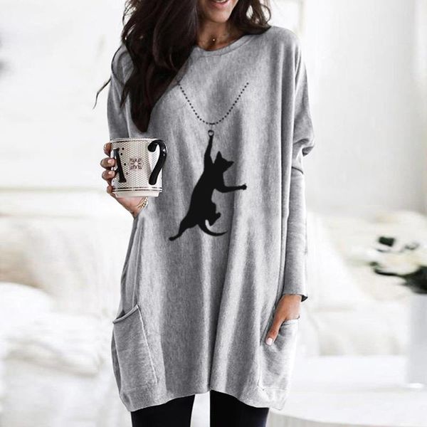 

women's blouses & shirts 2022 spring cartoon cat print blouse women long vestidos vintage casual sleeve cotton tunic chemise rob, White