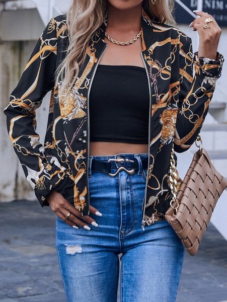 

baroque & chain print bomber jacket 12of#, Black;brown