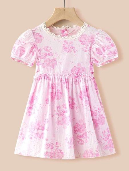 

toddler girls floral print lace trim dress she, Red;yellow