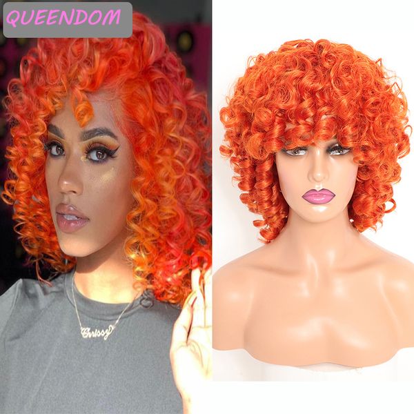 

afro kinky curly wig orange ginger ombre synthetic hair wig with bangs heat resistant medium length cosplay wigs for black women
