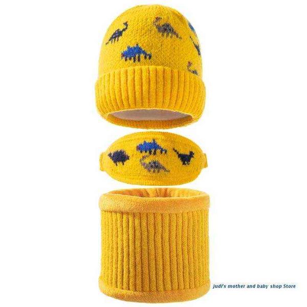 

67jc 3pcs baby warm winter hat scarf face mask set knitted dinosaur jacquard beanie mouth cover kit for child, Blue;gray