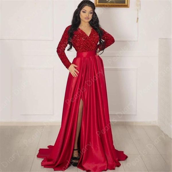 

party dresses luxury muslim prom evening burgundy long sleeve high split dress floor length sequins cocktail gowns saudi arabia, White;black
