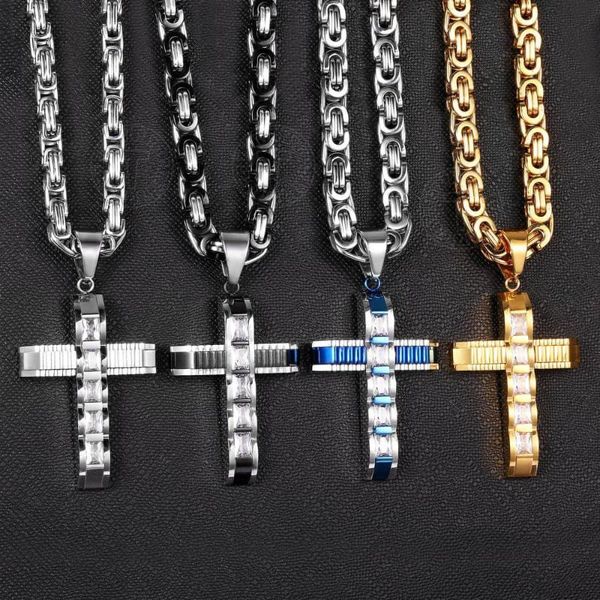 

pendant necklaces mens women cross necklace blue black gold silver color jesus charm byzantine stainless steel chain link jewelry lkpm86