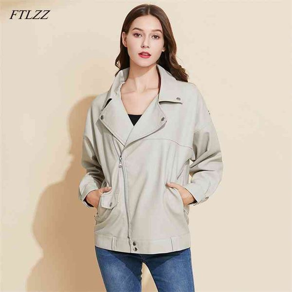 

autumn women bf style loose beige faux leather jacket casual female pu soft motorcycle punk coat black rivet outwear 210430