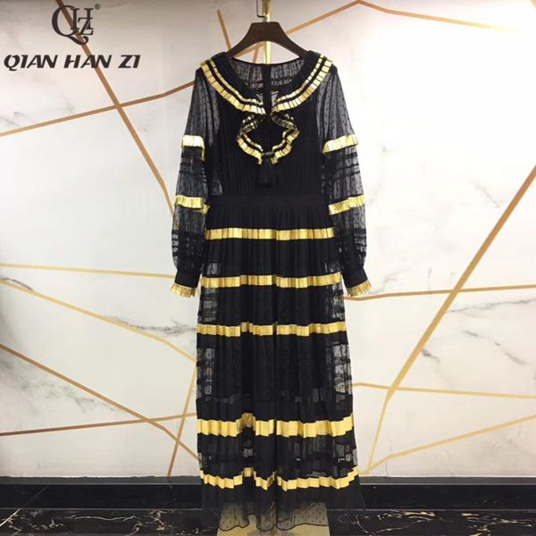 

casual dresses qian han zi fashion maxi dress women's long sleeve ruffled gold stripe black party pleated patchwork lace, Black;gray