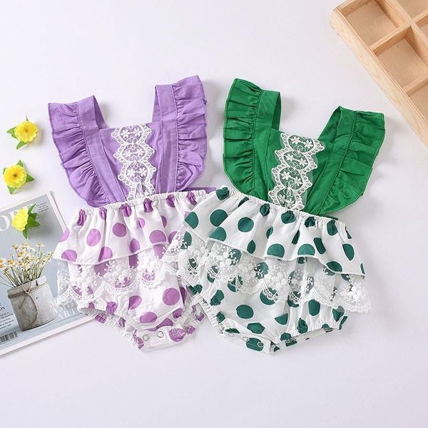

kids rompers girls dots lace romper infant toddler ruffle sleeve jumpsuits summer fashion boutique baby climbing clothes, Blue