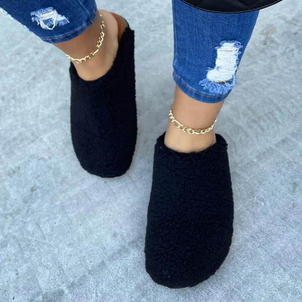 

casual flats shoes for women simple warm comfy furry slipper winter faux fur slides round toe cork slip on closed flat slippers, Black