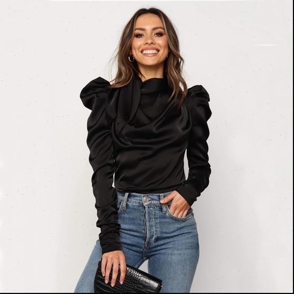 

fashion satin bow neck womens blouses long sleeve elegant office blusas s xl, White