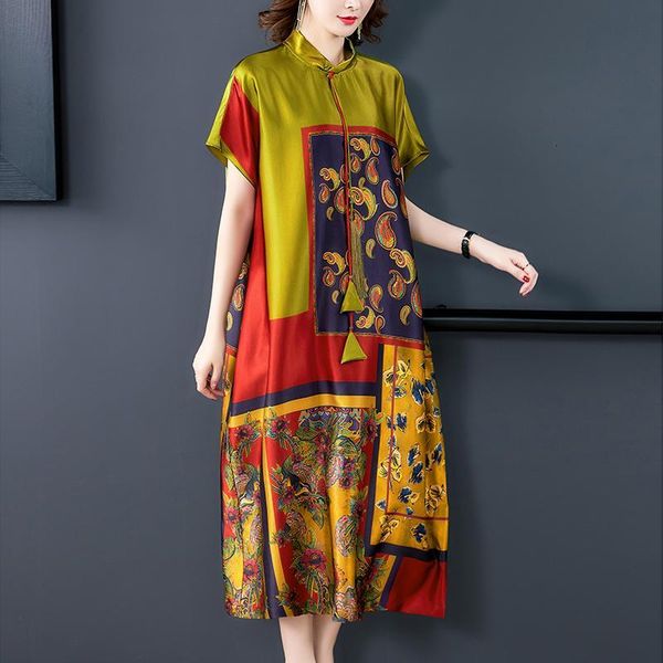 

casual dresses 2021 korea vintage floral mulberry silk midi satin dress summer 4xl plus size loose women sundress elegant bodycon, Black;gray