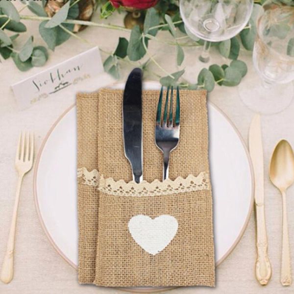 

disposable dinnerware 10pcs burlap cutlery bag holder rustic jute linen lace bowknot home knife spoon pouch kitchen party decor