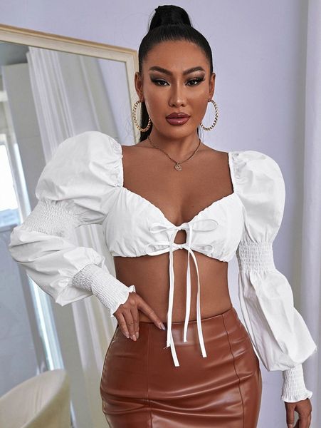 

sxy gathered sleeve knot front crop 07ta#, White
