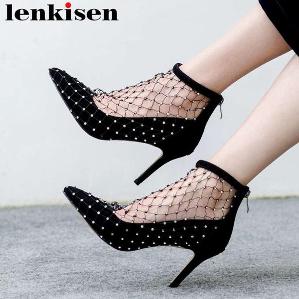 

dress shoes lenkisen kid suede oxford pointed toe elegant zipper mesh crystals decoration stiletto super high heels wedding pumps l08, Black