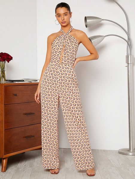 

allover geo print tie backless halter jumpsuit n63h#, White