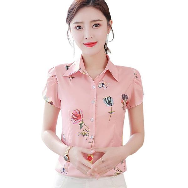 

korean chiffon women shirts woman print shirt plus size short sleeve blusas mujer de moda femininas elegante, White