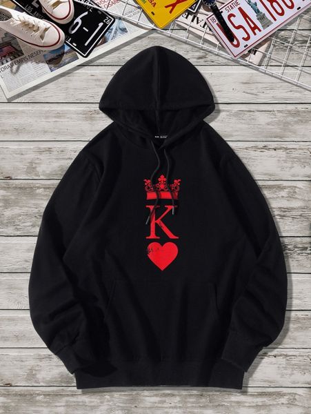 

men playing card & crown print drawstring hoodie m0fi#, Black