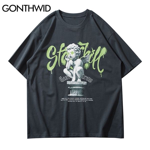 

tshirts funny smoking angel statue print short sleeve tees shirts streetwear hip hop harajuku casual cotton loose 210602, White;black