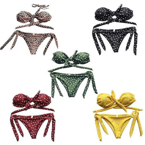 

women's swimwear women simple polka dot print strap three point halter thong bikini set swimsuit, White;black
