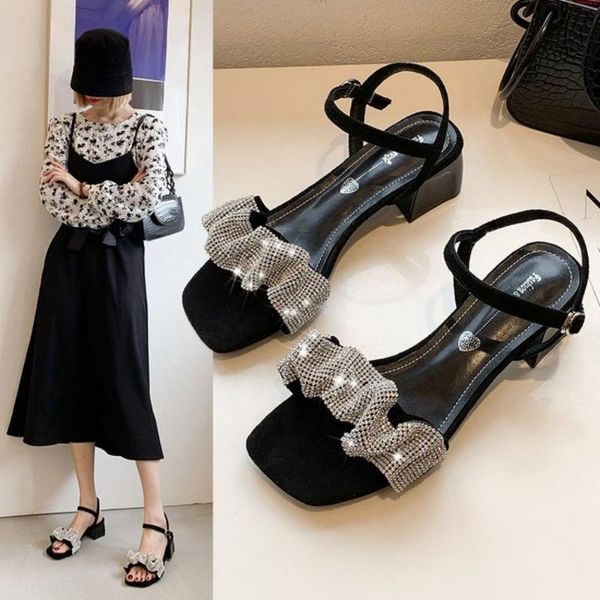 

dress shoes 2021 rhinestone ruffles open toe sandals high heels gladiator stiletto summer crystal slingbacks black woman