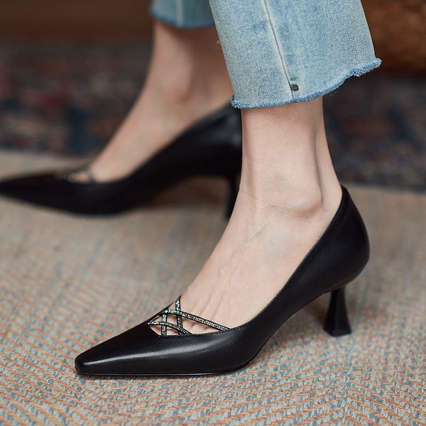 

thin heel stiletto soft genuine leather women heels shoes spring fashion street night club party high dress, Black