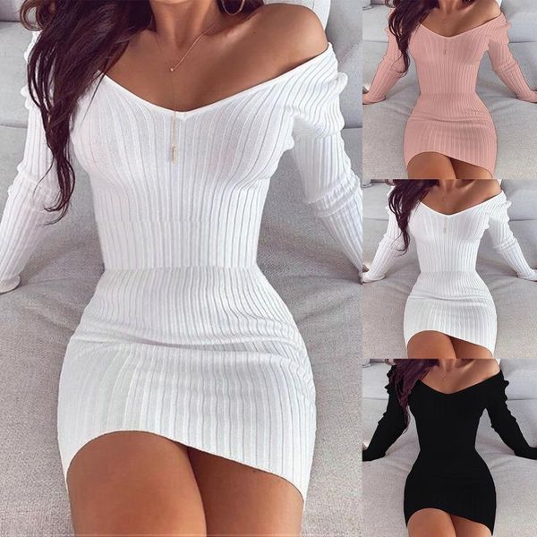 

casual dresses club off shoulder long sleeve bodycon dress for women 2021 autumn white knitted sweater mini woman robe femme, Black;gray