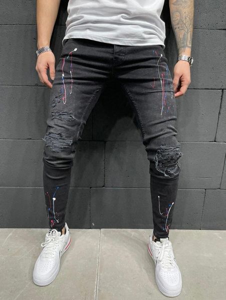 

men paint splatter pattern ripped jeans o9dl#, Blue