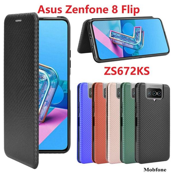

cell phone pouches carbon fiber for asus zenfone 8 flip case magnetic book stand card protective zs672ks wallet pu leather cover