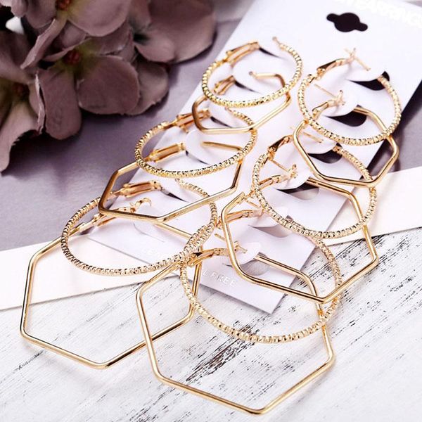 

hoop & huggie 6pairs punk earrings set big circle jewelry for women girls steampunk ear clip style earring ring, Golden;silver