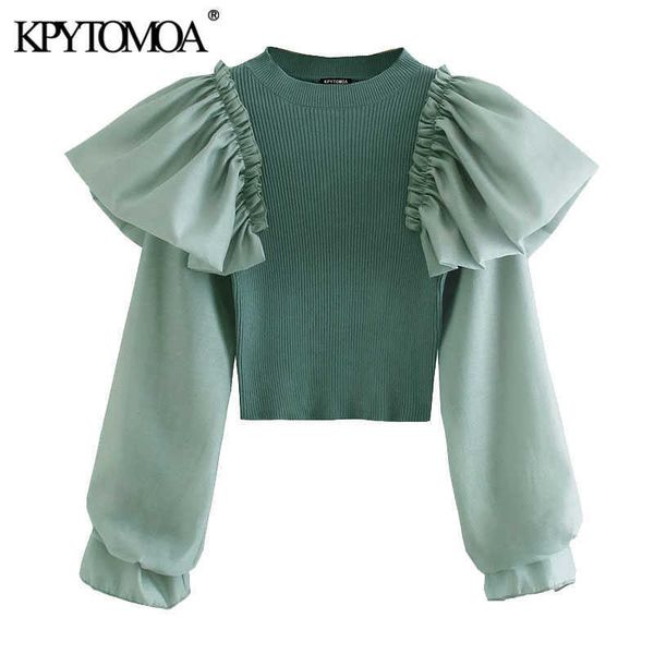

kpytomoa women fashion ruffle patchwork cropped knitted sweater vintage long sleeve stretch slim female pullovers chic 210805, White;black