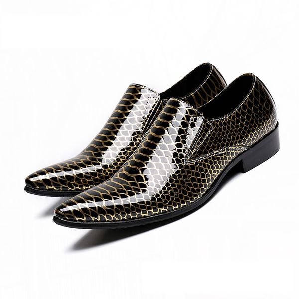 

men's leather business shoes with bright print and pointed flats, size: 37-48, gold, Black