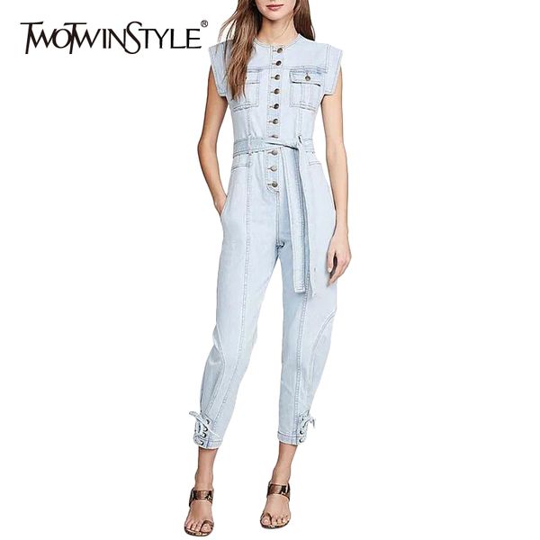 

vgh casual denim jumpsuit for women o neck sleeveless high waist lace up bowknot wide leg jumpsuits female summer fashion 210421, Black;white