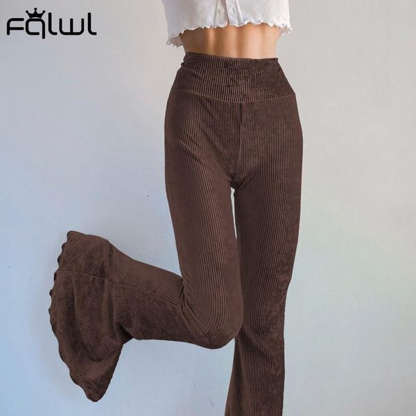 

women's pants & capris fqlwl streetwear women casual high waist flared brown fashion ribbed skinny fall 2021 pink trousers female, Black;white