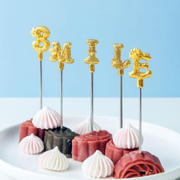 

forks stainless steel silver gold fruit set with holder letter pick for kids love u smile home decor