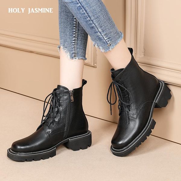 

boots female women shoes ankle 2021 autumn winter british wind genuine leather thick with short motorcycle, Black
