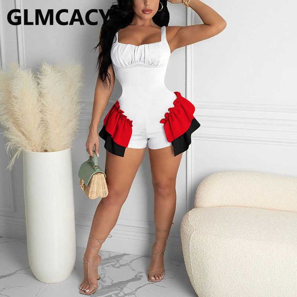 

women spaghetti strap ruffle design bodycon romper 210702, Black;white
