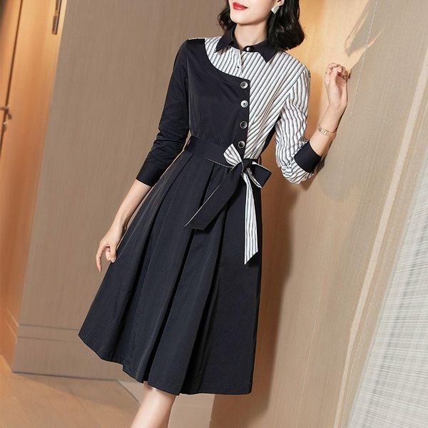 

office ladies work striped shirt dress elegant spring long sleeve button tunic dresses woman irregular midi belt vestido casual, Black;gray