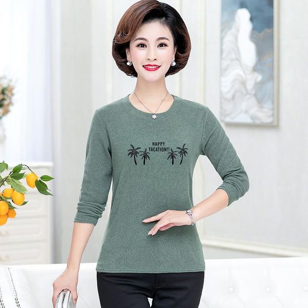 

mother spring casual blouse green red black printing long sleeve round collar plus size women leisure bottoming shirt 2021 women's blo, White