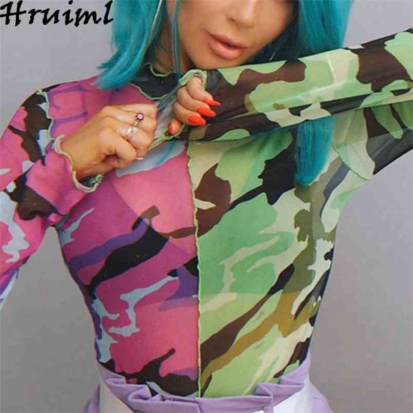 Tuta a maniche lunghe Donna Moda Camouflage Stampa Patchwork O Collo Tuta da donna Autunno Maglia Sexy Club Outfit 210513