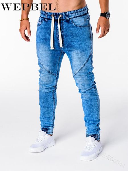 

spring and autumn fashion elastic mid waist pocket denim pencil pants women's casual solid color lace-up jeans men's, Black