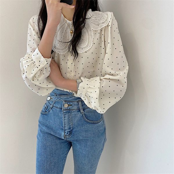 

women's blouses & shirts patchwork lace polka dots 2021 stylish prom vintage sweet femme streetwear retro casual girls all match dcme, White