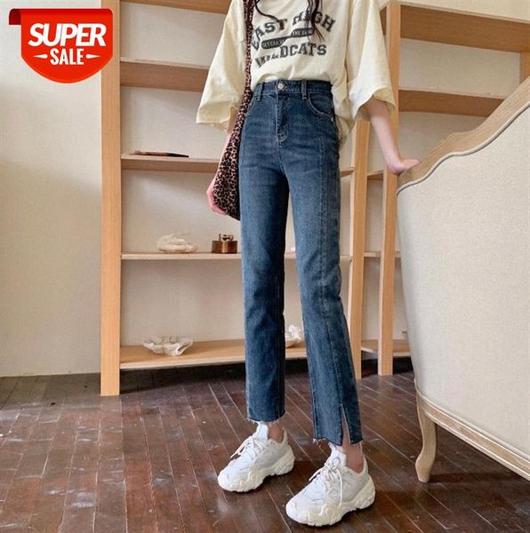 

women's split jeans, loose straight-leg pants, all-match thin black raw-edge cropped pants #jj9x, Black;gray